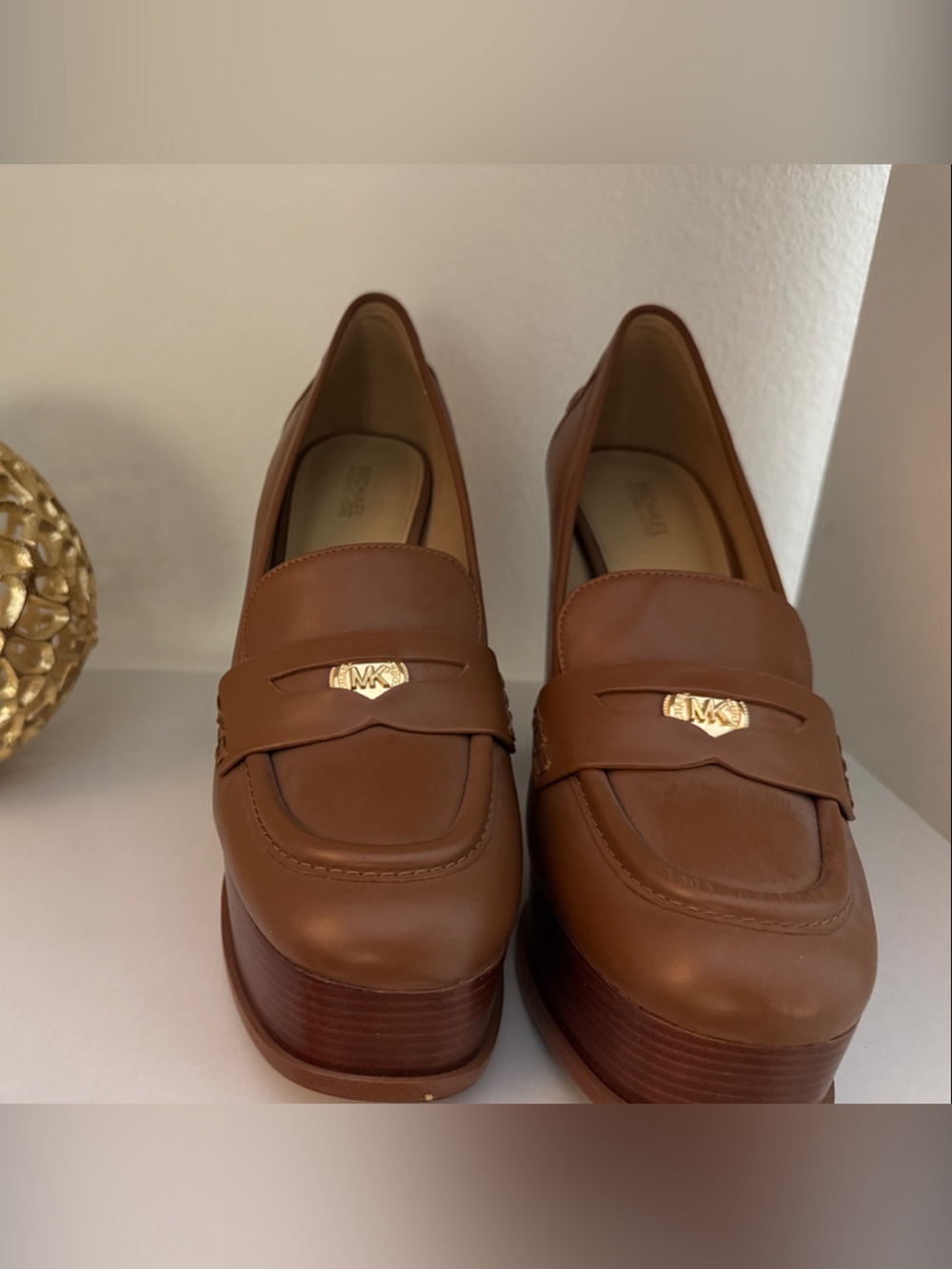 Michael Kors Brown Leather Platform Penny Loafers with Gold MK Accent